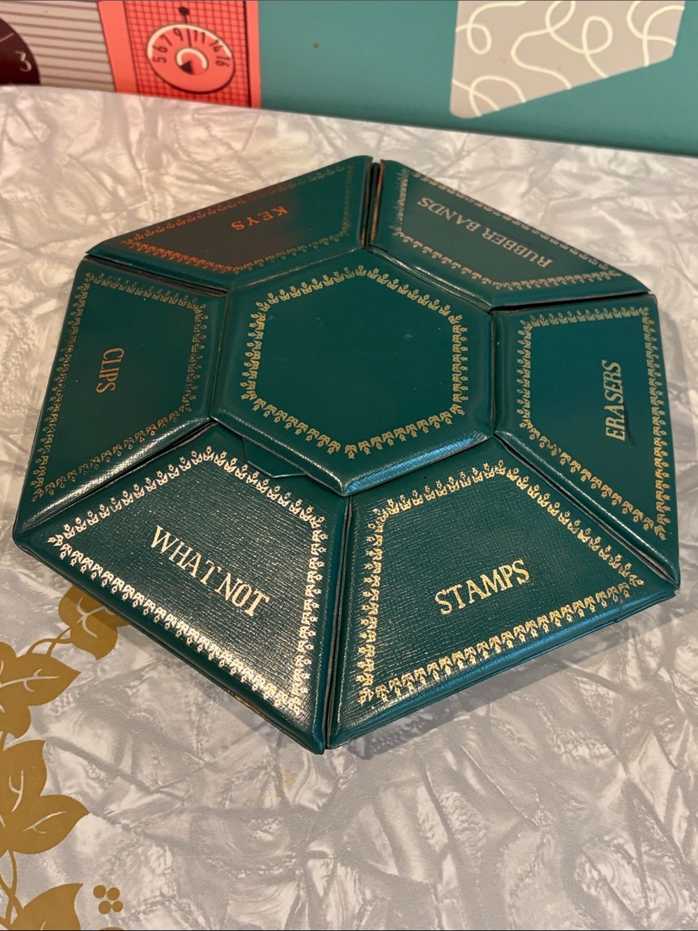 Vintage vinyl and gold trim hexagon desk organizer Japan